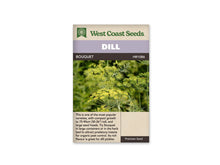 Sachet d’aneth Bouquet West Coast Seeds présenté de face sur fond blanc. La photographie montre plusieurs ombelles jaunes et vertes au milieu de feuilles fines et de tiges dressées. Le bandeau mauve porte le mot DILL, avec BOUQUET sur la bande foncée en dessous. La partie beige inférieure contient une description du produit en anglais.