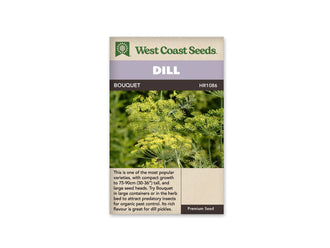 Sachet d’aneth Bouquet West Coast Seeds présenté de face sur fond blanc. La photographie montre plusieurs ombelles jaunes et vertes au milieu de feuilles fines et de tiges dressées. Le bandeau mauve porte le mot DILL, avec BOUQUET sur la bande foncée en dessous. La partie beige inférieure contient une description du produit en anglais.